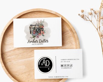 Photographer Business Card Template-Watercolor Floral Business Card- Camera Logo Business Card-Design and Print Your Own-Chic and Elegant