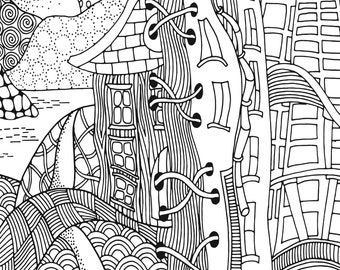 Giant Coloring Poster | Abstract Zentangle House  coloring | Team Activity |Large coloring for kids | printable 36 x 48 in