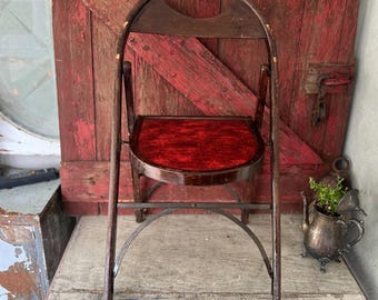 Vintage Folding Church Chair With Red Vinyl Seat Rustic & Functional Design