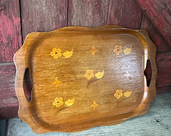 Vintage Overton Bentwood Walnut Wood Serving Tray With Floral Inlay - 19.5"x14" Rectangular Design