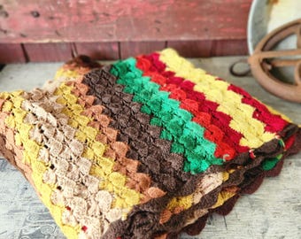 Vintage Handmade Crochet Blanket 66"x32" Multicolor Striped Pattern Brown Yellow Red Green