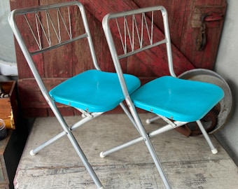 Vintage Star Brite Folding Children's Chairs - Turquoise & Aluminum - 22" H - Set Of 2