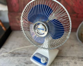 Vintage Galaxy 9" Electric Table Fan With Blue Blades Adjustable Speeds And Metal Cage