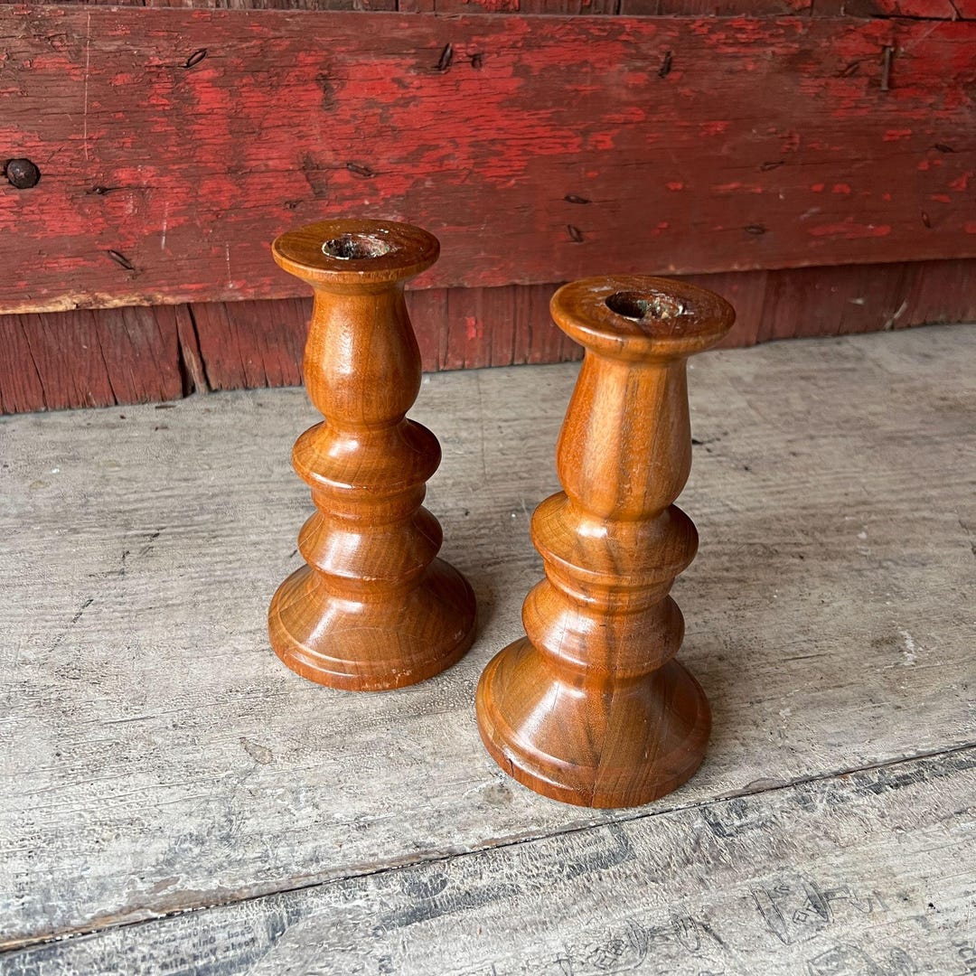 Vintage Turned Wood Candlestick Holders Pair 7"x3.5" Rustic Farmhouse ...