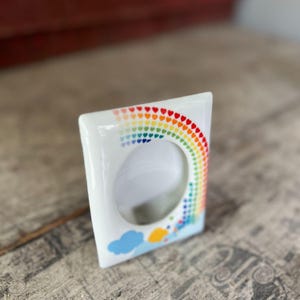 Vintage Ceramic Rainbow Heart Photo Holder 3"x4" White With Sun & Cloud Design