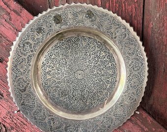 Vintage Handcrafted Etched Brass Plate/Tray Floral Motif Scalloped Edge 8" Diameter