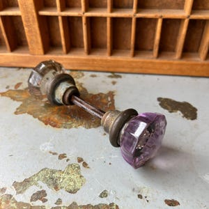 Antique Clear & Amethyst Glass Door Knob Set With Brass Hardware Faceted Design 2"x6"