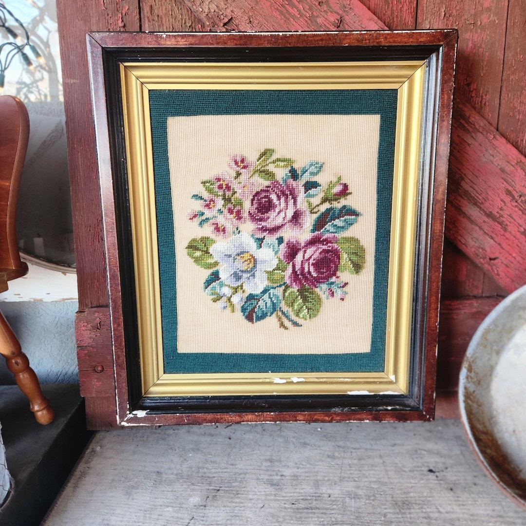 Vintage Framed Needlepoint Floral Artwork With Roses & White Flowers in ...