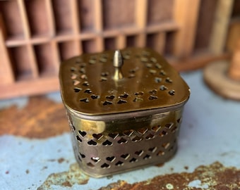 Vintage Brass Heart Cutout Lidded Box 4.5"x3" Decorative Storage Rustic Patina Finish