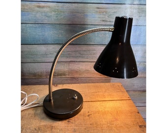 MCM Brown Gooseneck Desk Lamp with decorative metal shade - works!