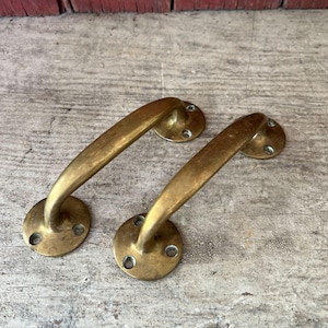 Pair Of Vintage Solid Brass Door Handles 7.5"x2" With Four Mounting Holes And Patina Finish
