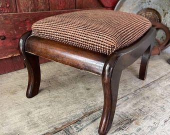Vintage Wooden Footstool With Brown Upholstered Seat Cushion 14" Wide