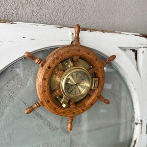 Vintage Nautical Ship Wheel Quartz Clock 13&quot; Diameter Wood & Brass Wall Decor
