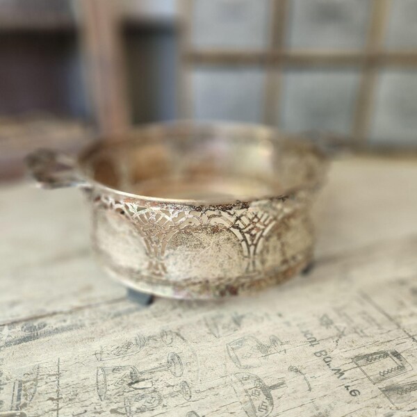 Antique Silverplate Pierced Design Bowl With Ornate Handles & Scenic Details