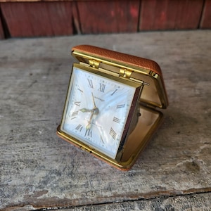 Vintage Vantage Travel Alarm Clock with Brown Faux Leather Case