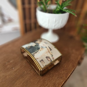 Vintage Glass Jewelry Box With Romantic Lady Illustration & Gold-Tone Trim