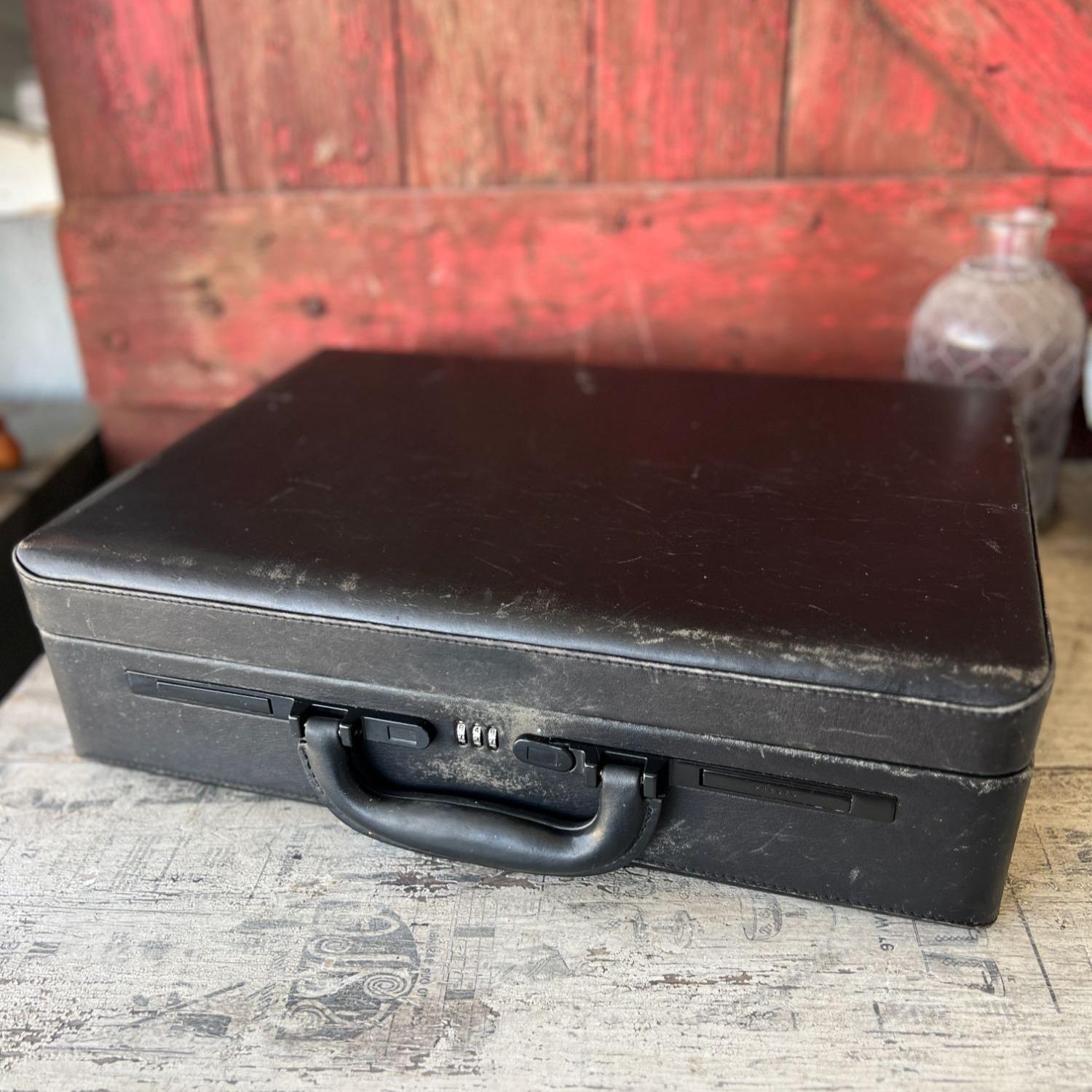 Vintage Black Leather Briefcase With Compartments & Combination Lock - 18"