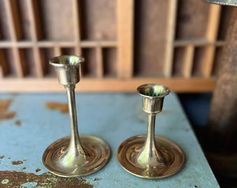 Vintage Brass Candlestick Holders Set Of 2 Made In Taiwan 4" & 3" High With 2.75" Base Diameter