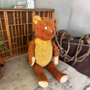 Vintage 1930S Jointed Teddy Bear With Button Eyes Brown/Yellow Stuffed Animal Toy