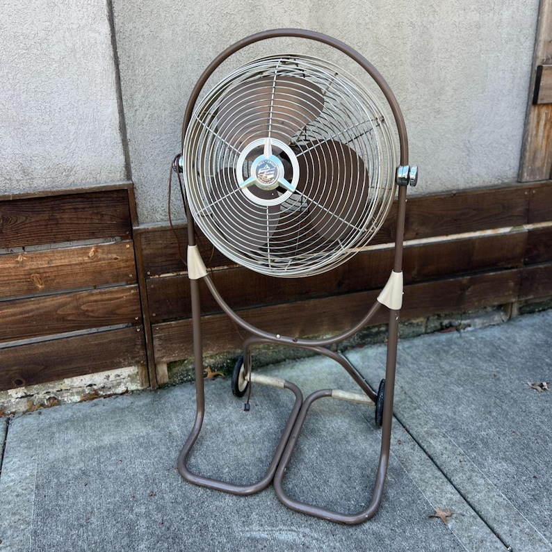Pu&ograve; includere: Un ventilatore oscillante in metallo marrone con una gabbia circolare e un supporto. Il ventilatore ha un telaio marrone e un alloggiamento motore beige. Il ventilatore &egrave; su ruote ed &egrave; posizionato su una superficie di cemento.
