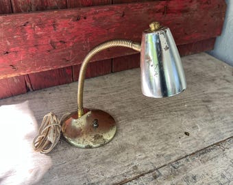 Vintage Brass & Chrome Gooseneck Table Lamp 12" Adjustable Height