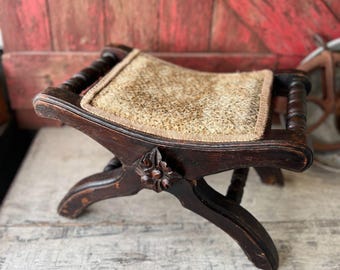 Antique Wooden Footstool With Woven Upholstery And Floral Detailing 10.5" X 17" X 11"