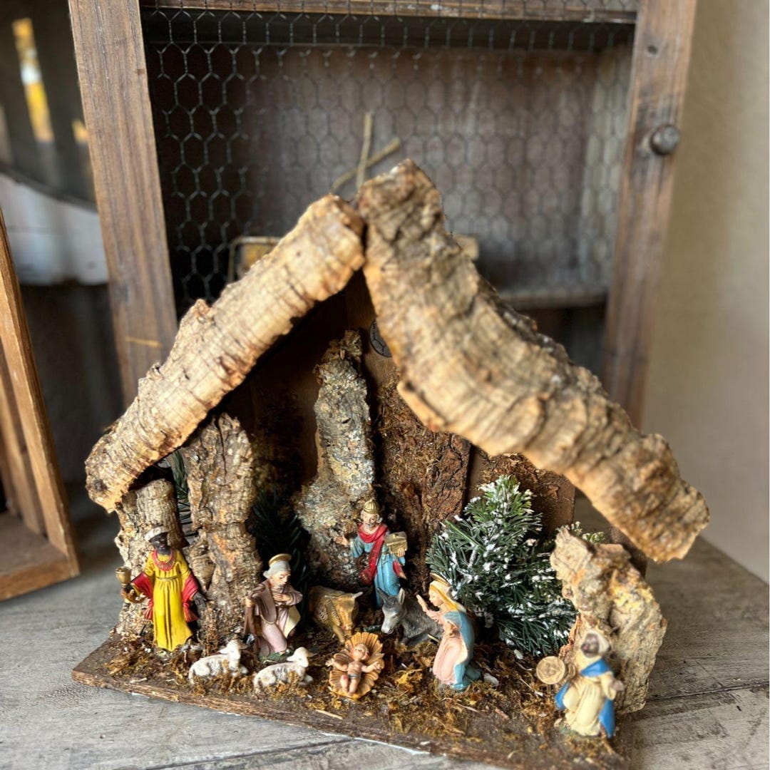 Vintage Rustic Nativity Scene Wooden Stable With Plastic Figures Made ...