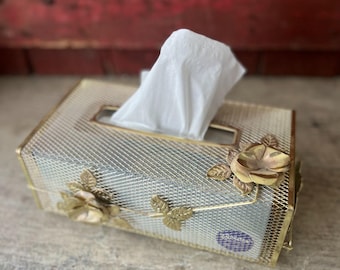 Vintage Gold Metal Mesh Tissue Box Cover With Floral & Leaf Accents 10"x5.5"x4" Rectangular Design
