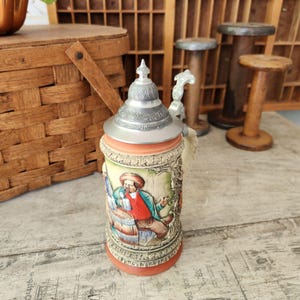 Vintage German Beer Stein With Pewter Lid & Handle - 9&quot; Tall - Hand-Painted Design