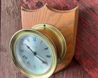 Vintage Hermle Brass & Oak Plaque Wall Clock Germany 9"
