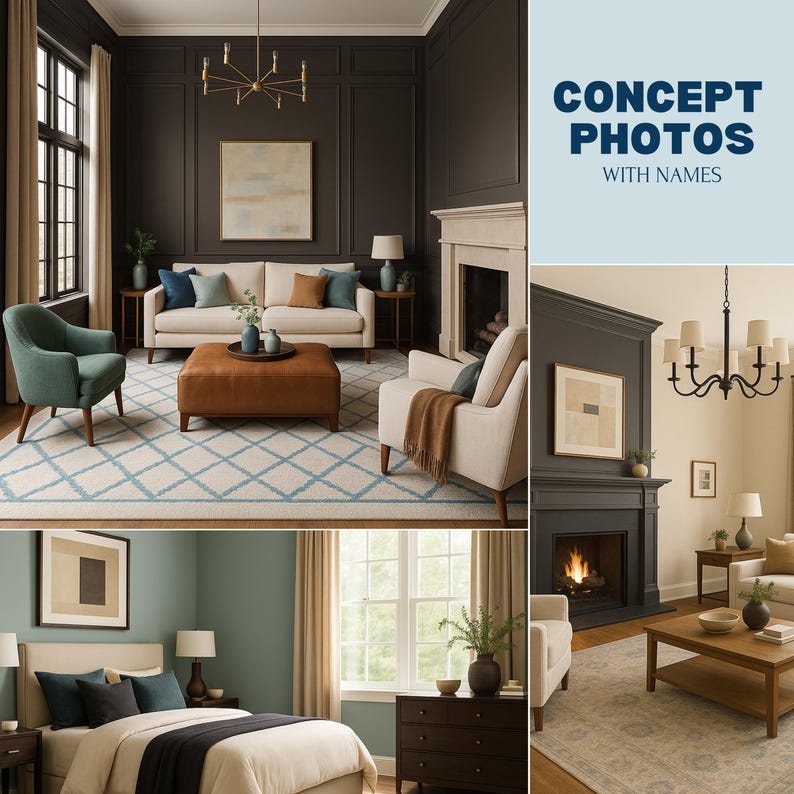 Op de afbeelding: Een collage van conceptfoto's voor interieurontwerp. De afbeeldingen tonen woonkamers en slaapkamers met verschillende meubelopstellingen, kleurenpaletten en decoratieve elementen. De tekst "CONCEPT PHOTOS WITH NAMES" is zichtbaar.