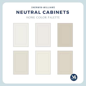 May include: A home color palette featuring six neutral cabinet paint samples from Sherwin-Williams. The samples are arranged in two rows of three, showcasing various shades of white and beige. The text "NEUTRAL CABINETS" is displayed at the top.