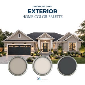 Può includere: Immagine di una casa con una palette di colori per esterni Sherwin-Williams. L'immagine mostra una casa dai toni neutri, con tre coperchi di barattoli di vernice che mostrano potenziali colori per esterni: un beige chiaro, un bianco crema e un grigio scuro.