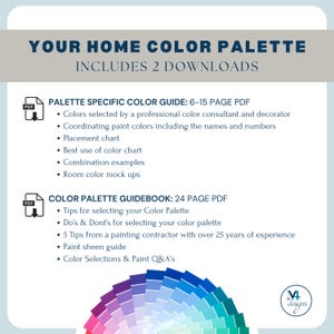 Op de afbeelding: Een digitale downloadafbeelding met de tekst "YOUR HOME COLOR PALETTE" en "INCLUDES 2 DOWNLOADS". De afbeelding bevat een kleurenpaletgids en een kleurenpaletgidsboek met details over kleurselectie en schildertips.