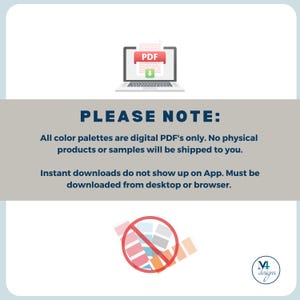 Op de afbeelding: Een laptop toont een digitaal PDF-grafisch ontwerp product. De tekst "LET OP" wordt weergegeven, samen met informatie over digitale downloads en kleurenpaletten. Een logo en een verbodssymbool over een kleurenpalet zijn ook aanwezig.