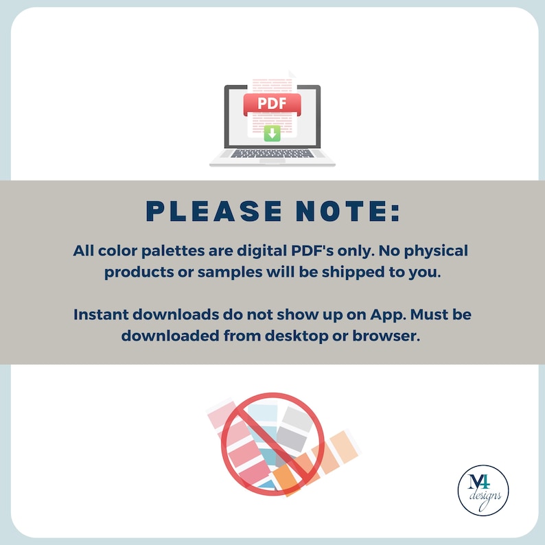 Op de afbeelding: Een laptop toont een digitaal PDF-grafisch ontwerp product. De tekst "LET OP" wordt weergegeven, samen met informatie over digitale downloads en kleurenpaletten. Een logo en een verbodssymbool over een kleurenpalet zijn ook aanwezig.