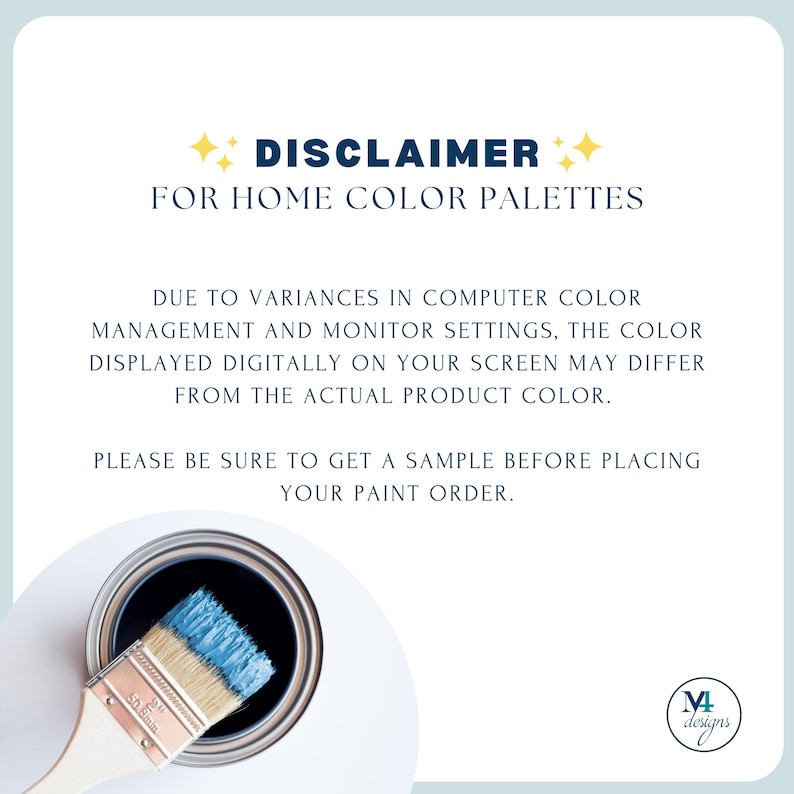 Op de afbeelding: Afbeelding met tekst: DISCLAIMER VOOR HOME COLOR PALETTES. Tekst adviseert dat kleuren kunnen afwijken van het daadwerkelijke product. Een verfblik met donkerblauwe verf en een blauwe verfkwast worden getoond.