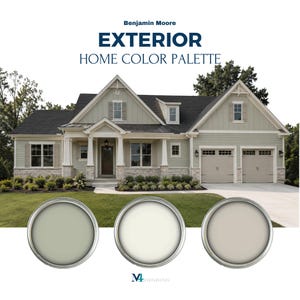 May include: A Benjamin Moore Exterior Home Color Palette graphic featuring a two-story house with light green siding, white trim, and stone accents. Below the house are three circular paint swatches in sage green, off-white, and light beige.