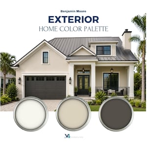 May include: A Benjamin Moore exterior home color palette guide featuring a house with cream siding, a dark gray metal roof, and a dark gray garage door. Three circular paint cans are displayed at the bottom in white, beige, and dark gray.