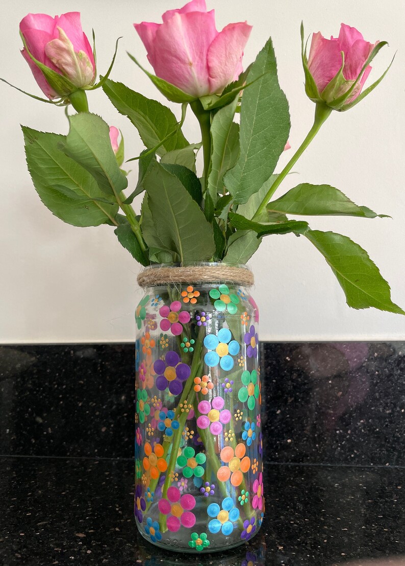 Hand Painted Summer Flowers Mandala Dotted Upcycled Jars and Reed ...