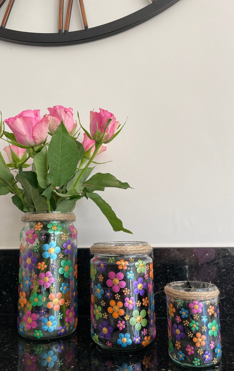 Hand Painted Summer Flowers Mandala Dotted Upcycled Jars and Reed ...