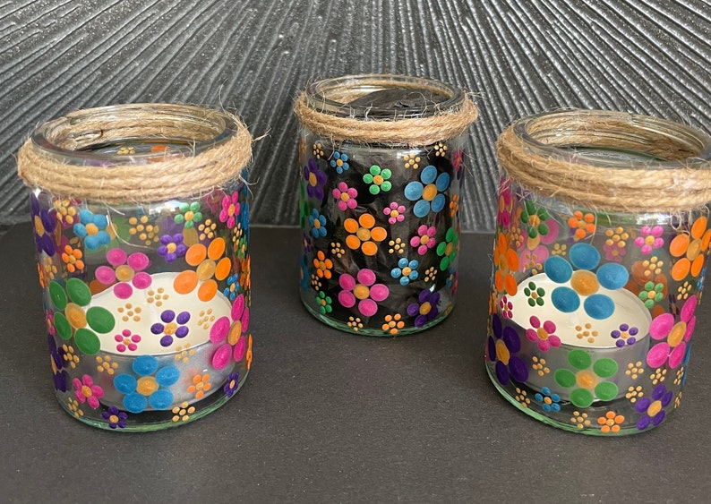 Hand Painted Summer Flowers Mandala Dotted Upcycled Jars and Reed ...
