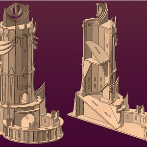 May include: A detailed model of a tower with intricate details and a large eye symbol at the top. The tower is made of wood and has a light brown color. The model is shown from two different angles.