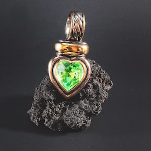 Vintage 1980s 1990s Charm, Designer Costume Jewelry, Gift Ideas Her, Heart Shaped Green Pendant, Gold and Silver Pendant, Heart Necklace