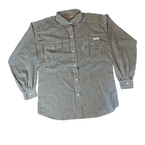 May include: A black and white checkered long-sleeved button-up shirt with two chest pockets.