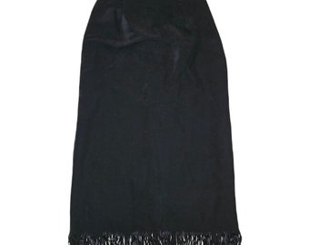 Vintage 80s Black Faux Suede Pencil Skirt with Tassel Fringe