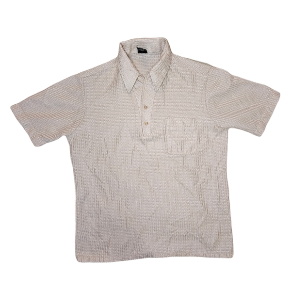 Vintage 70s Joel Cal-made Polyester knit polo short sleeve shirt / Men's Large / Cream /