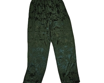 Vintage Damask relaxed pants / Women&#39;s Small / Dark Green Damask rose print / Elastic waistband