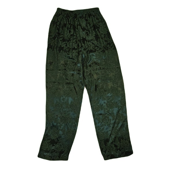 Vintage Damask relaxed pants / Women's Small / Dark Green Damask rose print / Elastic waistband