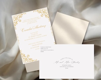 Elegant Gold Quinceañera Invitation – Editable Template with Envelope
